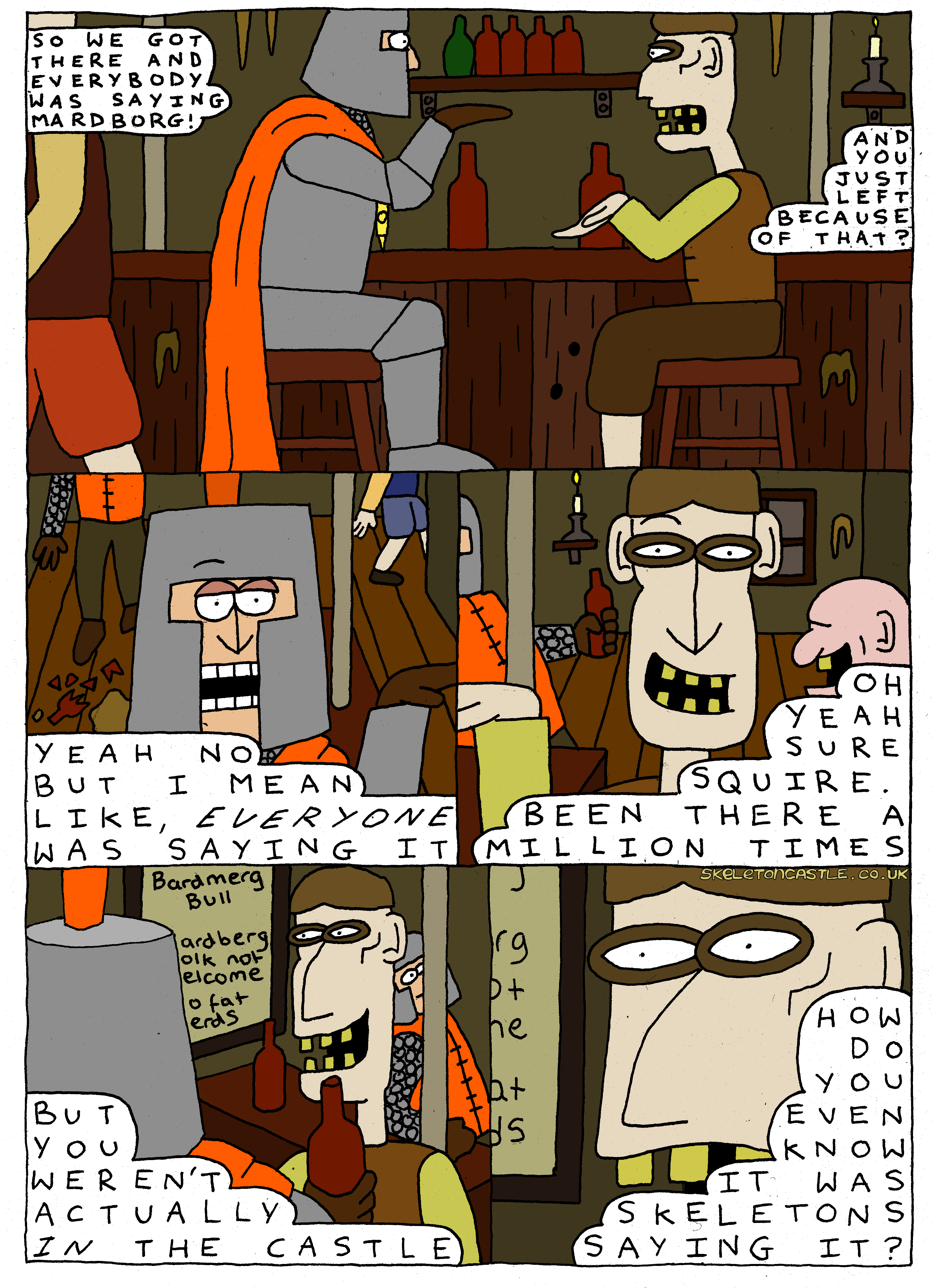 Crockley and the Bardmerg spokesperson discuss Mardborg and Skeleton Castle in the Pub