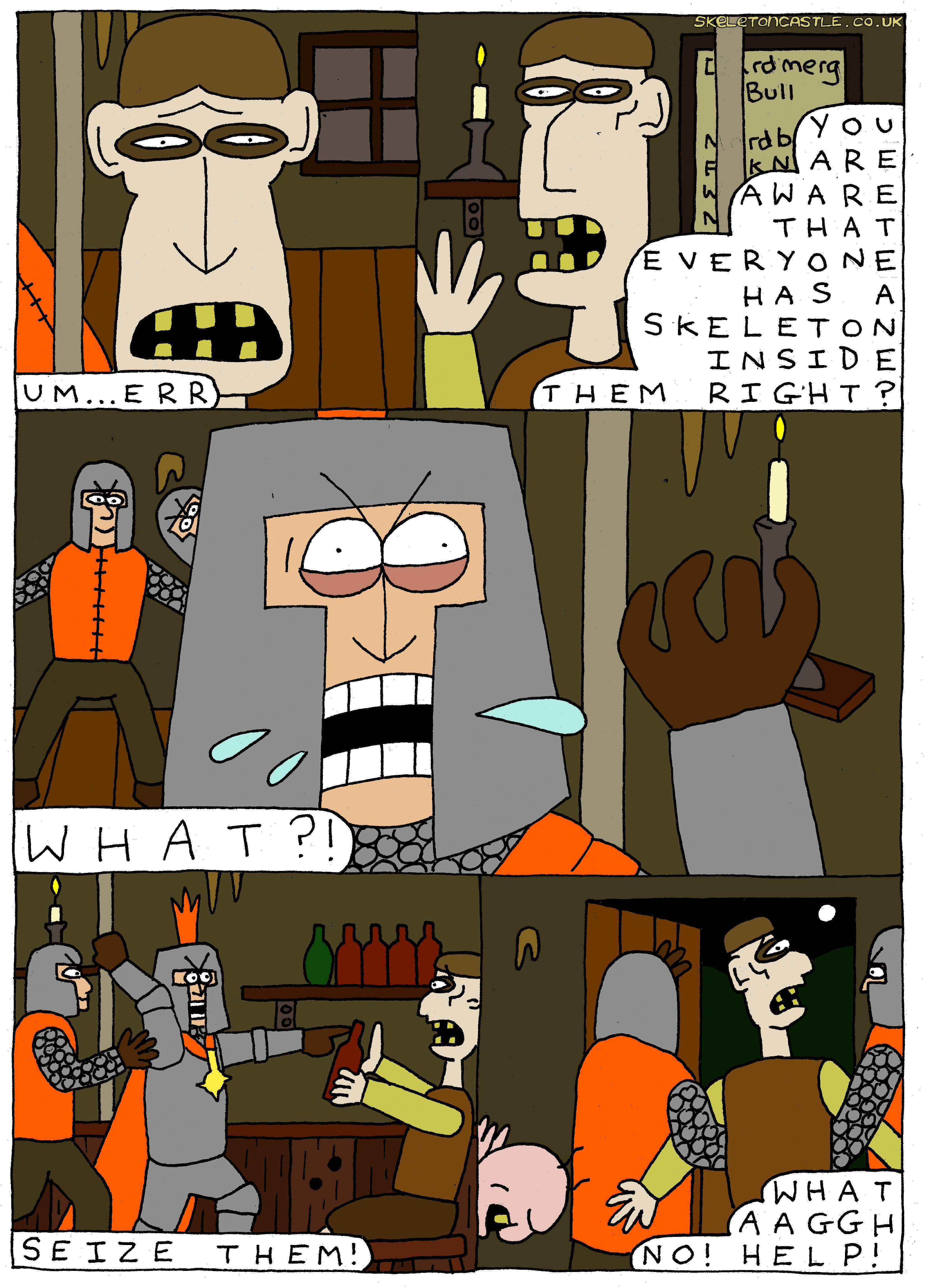 T points out that everyone has a skeleton. Crockley flips his lid and has him siezed