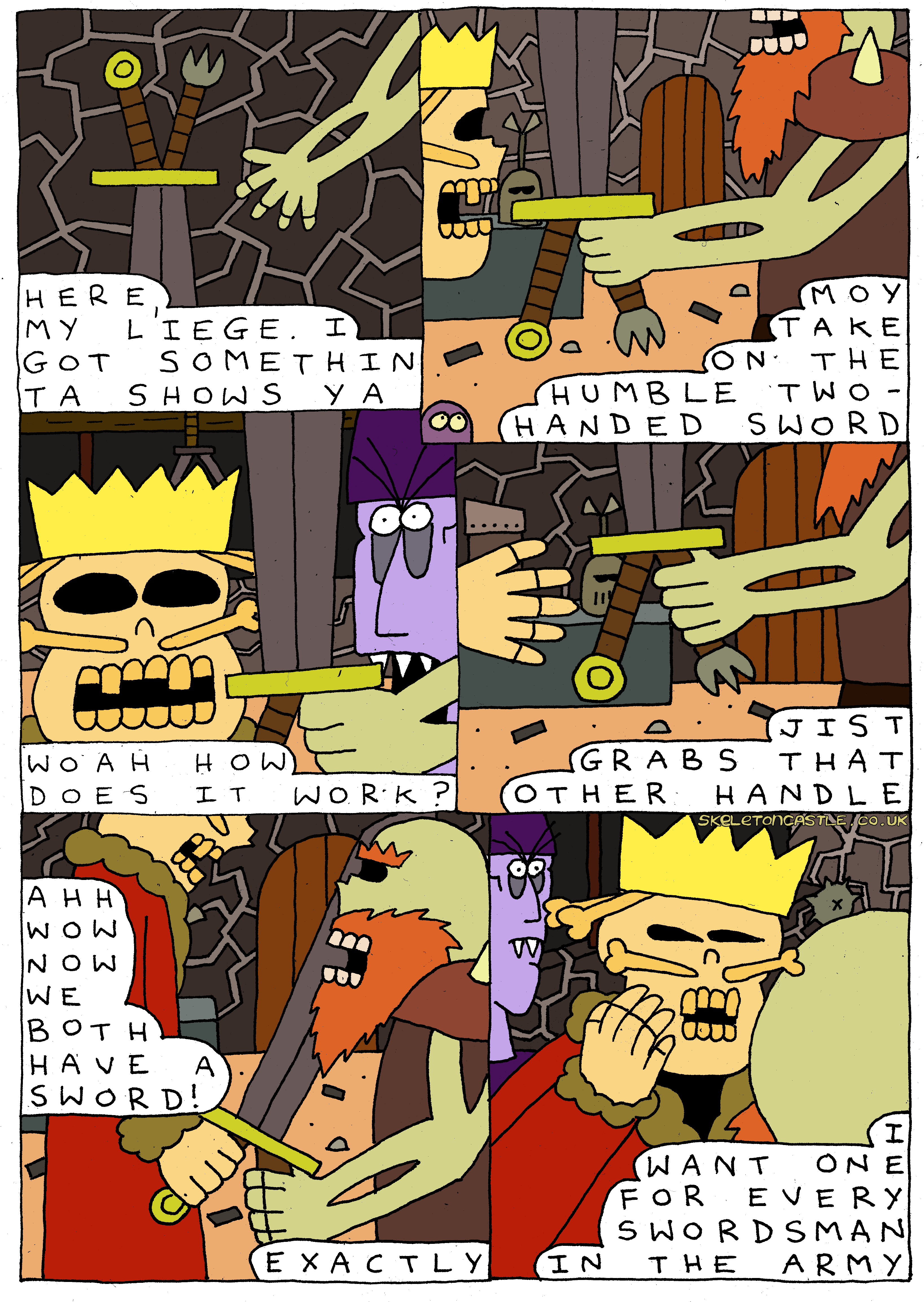 Burgo shows off his new two handed sword - it has two handles.