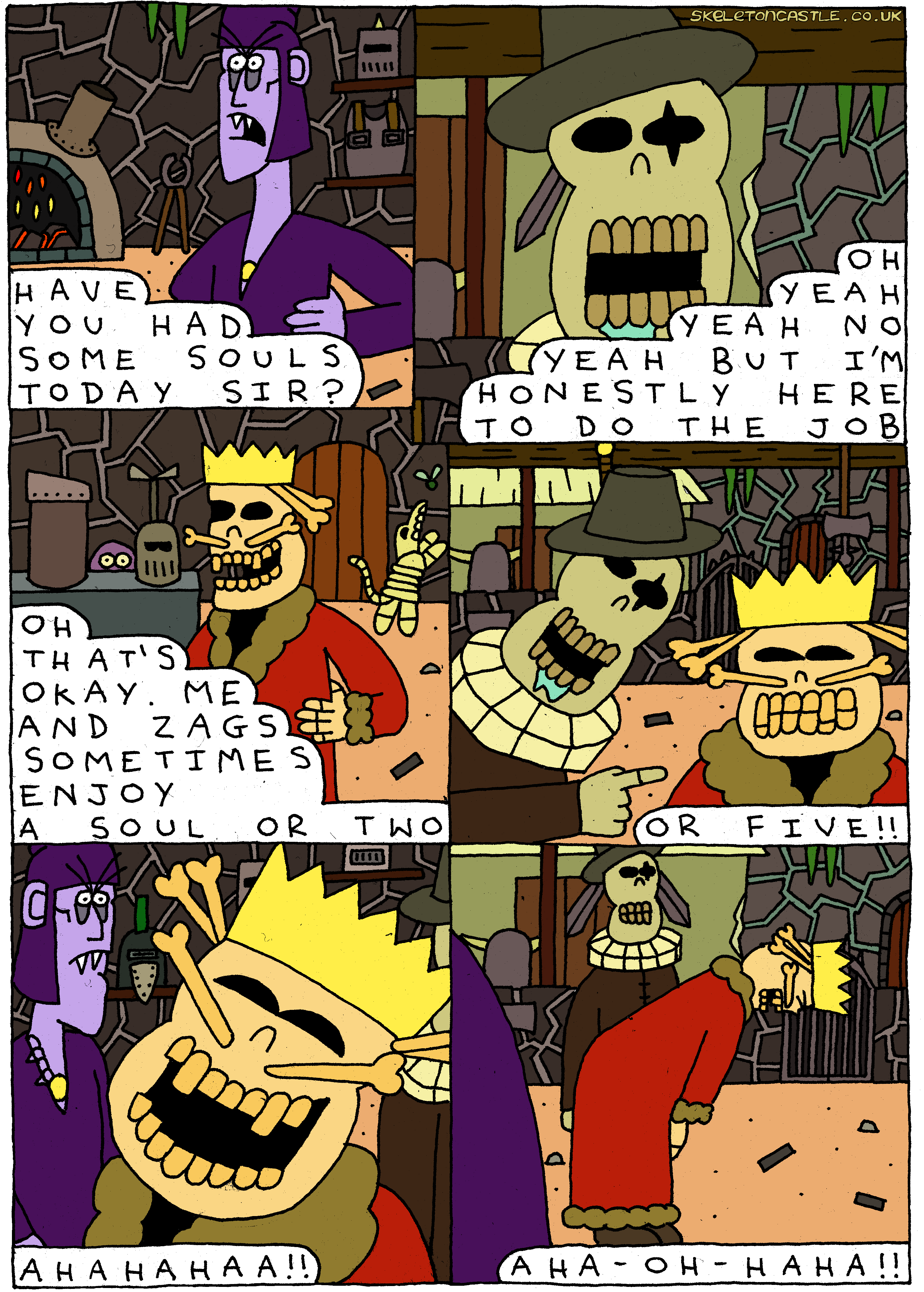 Moxor arrives late and drunk for his new job but he wins skurgen over with a joke