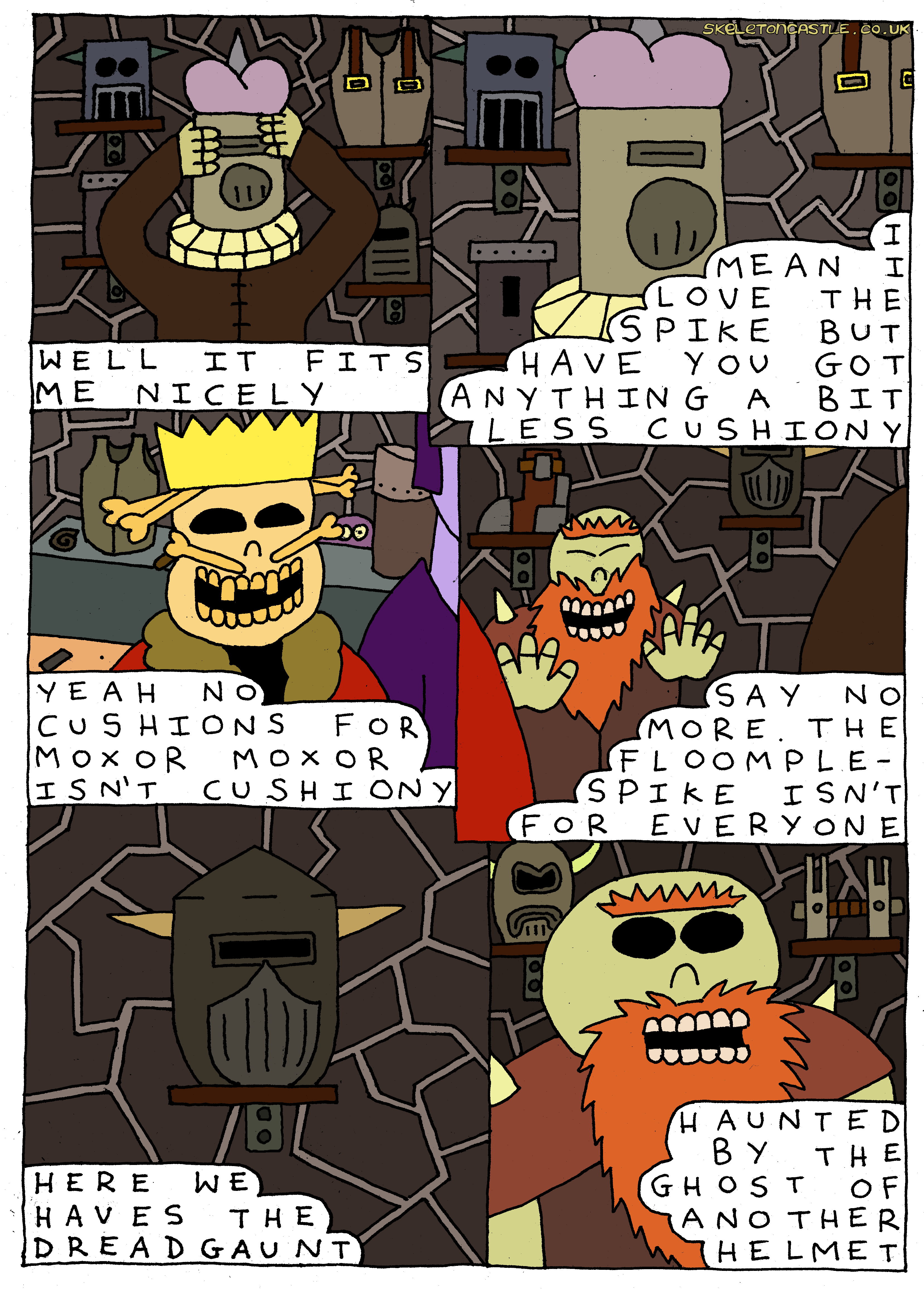 Moxor tries on the Floomplespike but it's too cushiony. Next up is the Dreadgaunt which is haunted by the ghost of another helmet