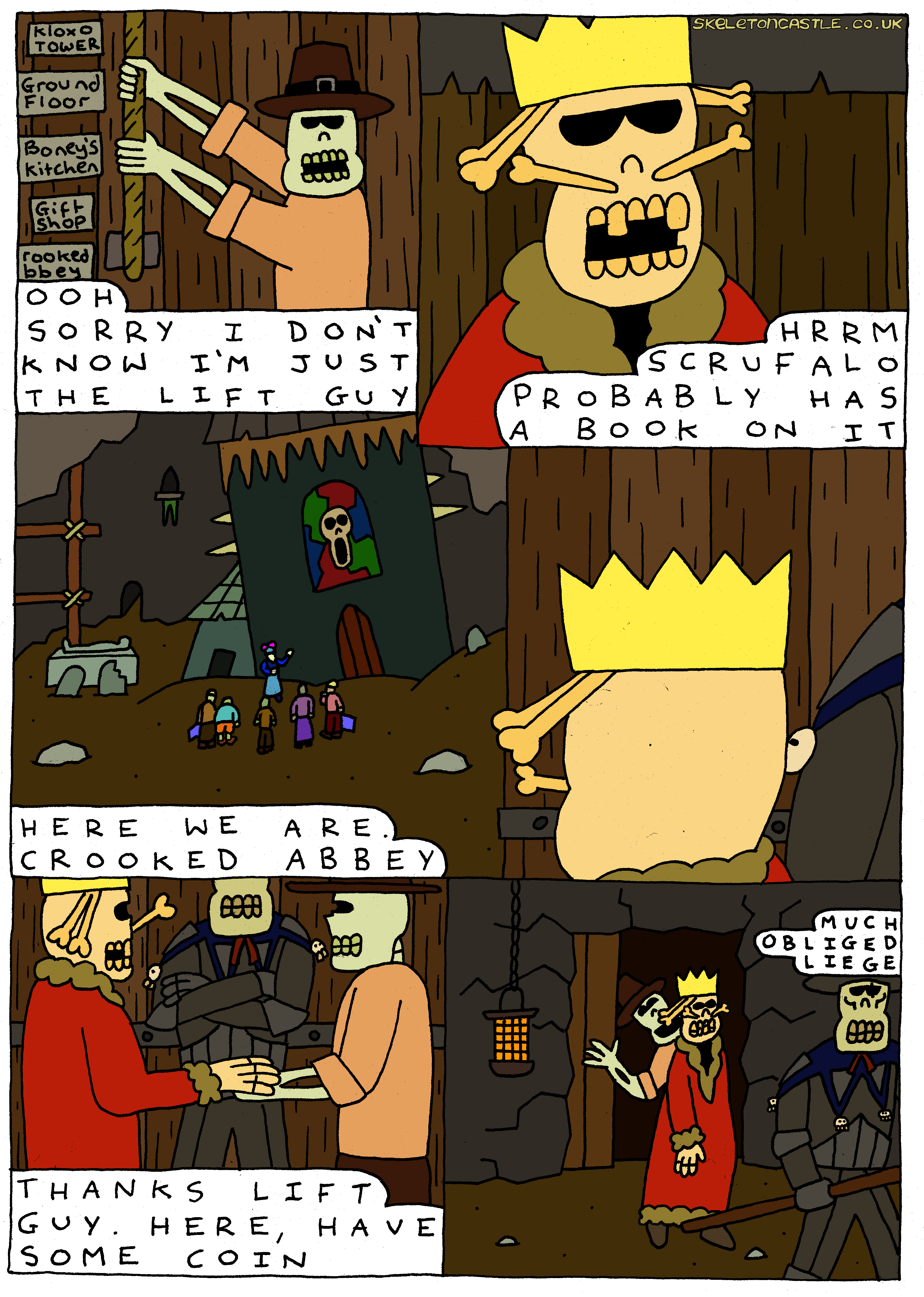 the elevator arrives at the crooked abbey